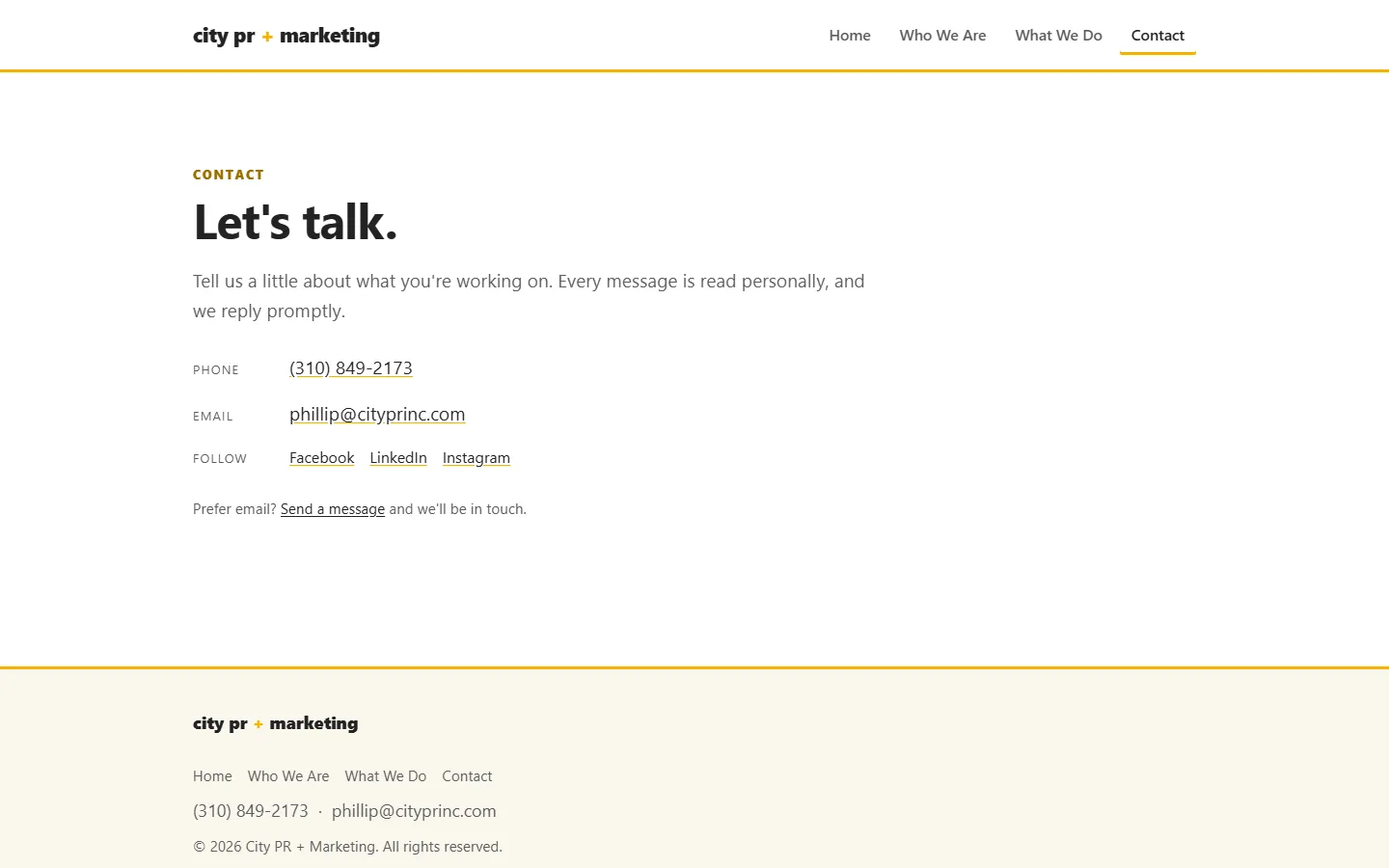 Contact page with phone and email details
