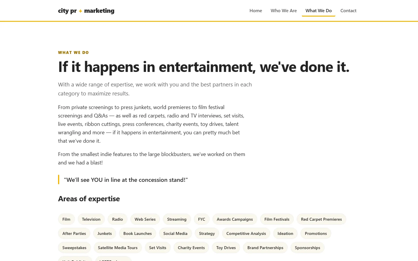 What We Do page listing areas of entertainment PR expertise