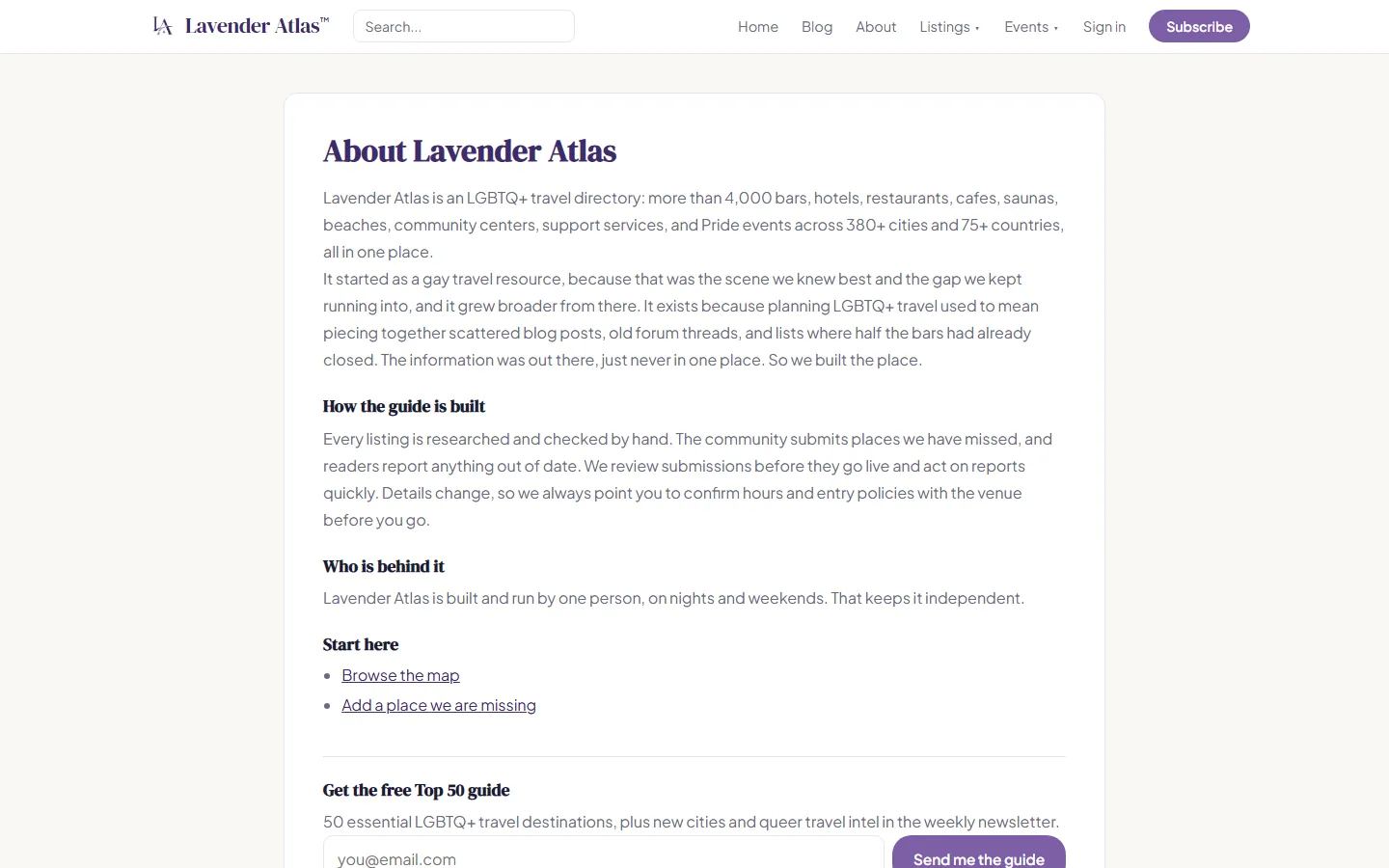 About page explaining how the Lavender Atlas guide is built