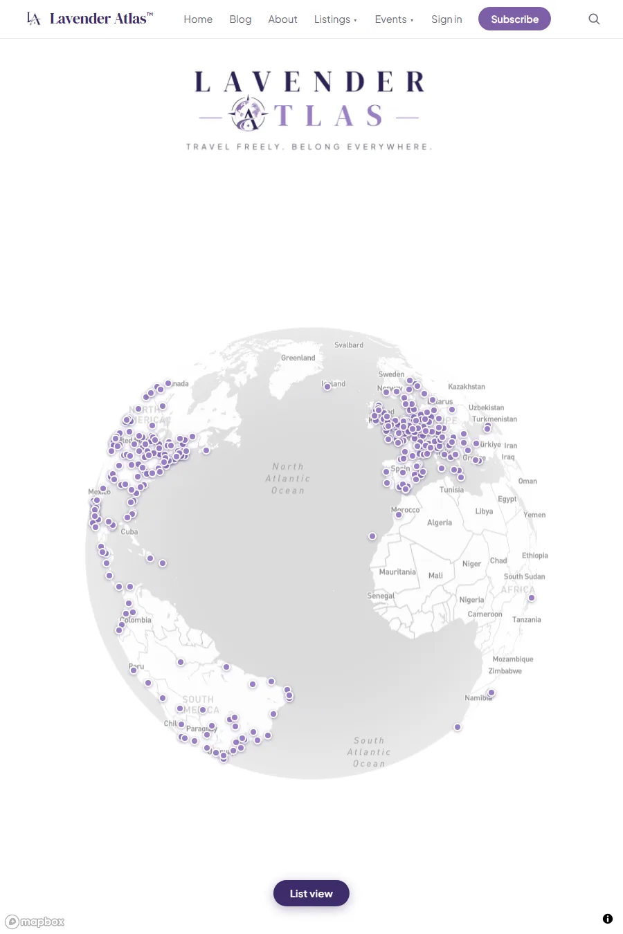 Lavender Atlas homepage with the interactive globe of LGBTQ+ destinations